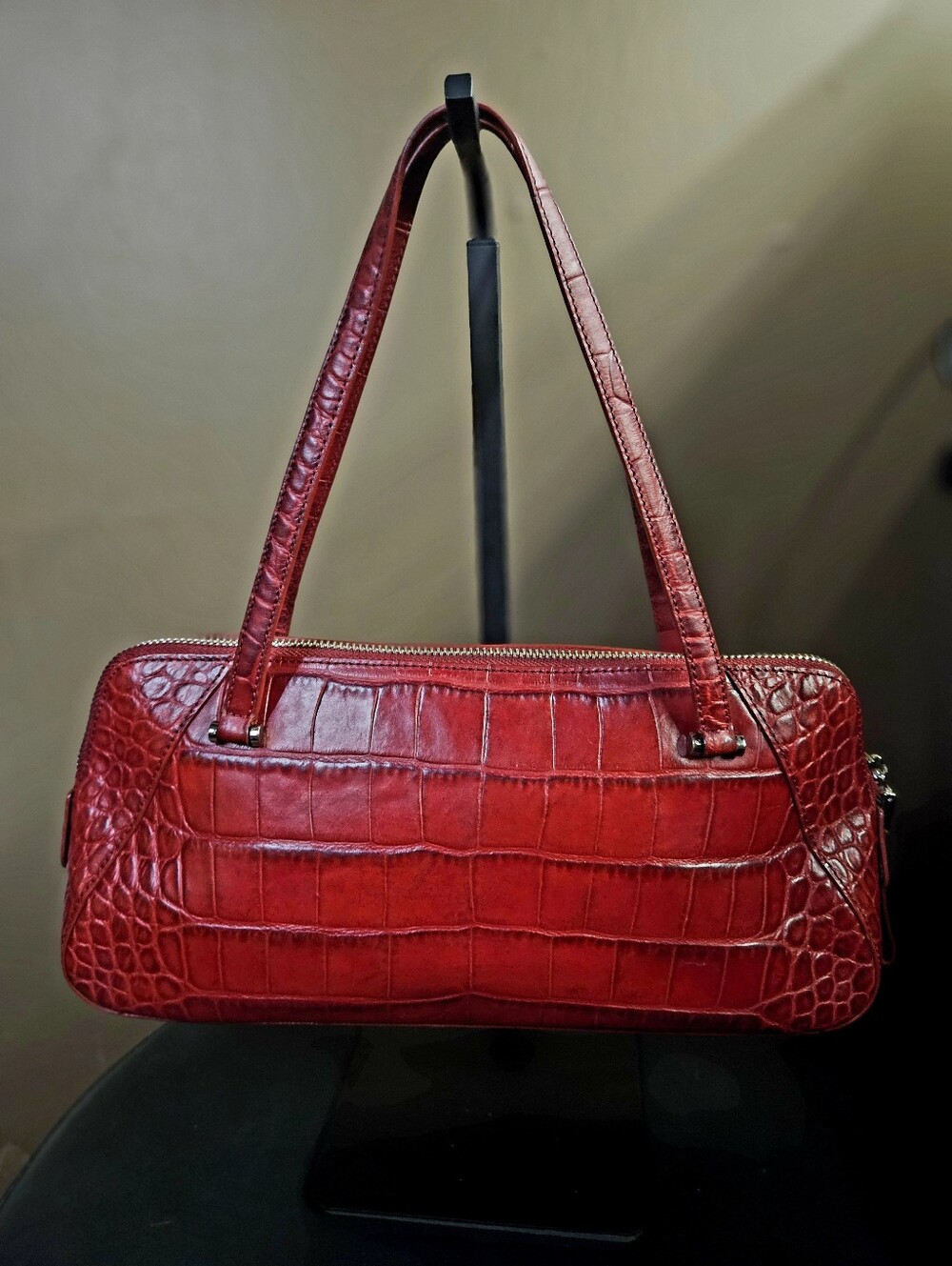 Vintage Monsac Croc-Embossed Italian Leather Baguette Handbag- Cherry Red - Picture 1 of 12